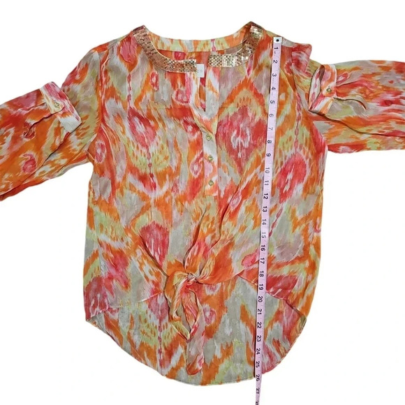 Chico’s Size 0 Small Orange Gold Chiffon Tie Front Blouse Boho Resort Sheer MOD - Picture 7 of 7